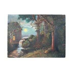 Vintage Original Oil Painting Water Mill Landscape Night Scene Moonlit 16x20